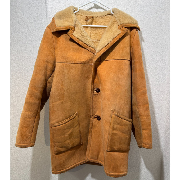 Vintage 70s Mens Shearling Sheepskin Suede Leather Heavy Coat Jacket 42 Button - Picture 1 of 14